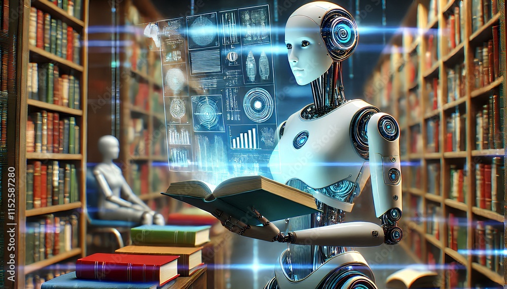 Fototapeta premium Holographic Library Robot Librarian at Work