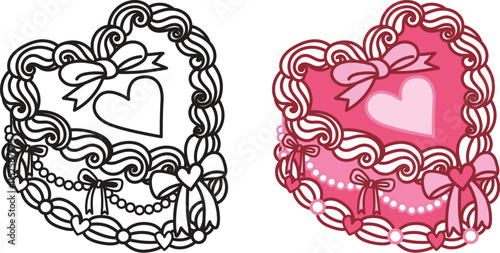 Line art drawing bow ribbons around pink heart shape cake, clipart coquette aesthetic for design element or coloring page. Vector illustration.