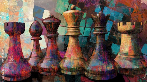 Chessboard Abstract: A vibrant abstract painting of a chessboard, featuring the major chess pieces in bold, colorful strokes. The piece’s abstract forms are a captivating blend of color and texture.