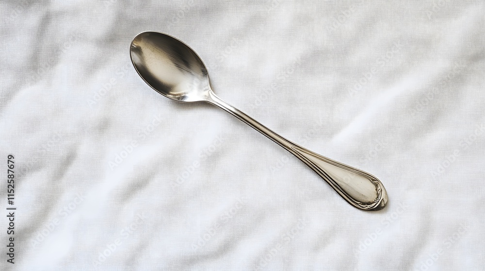 A polished silver spoon placed on a pristine white tablecloth A polished silver spoon placed on a pristine white tablecloth