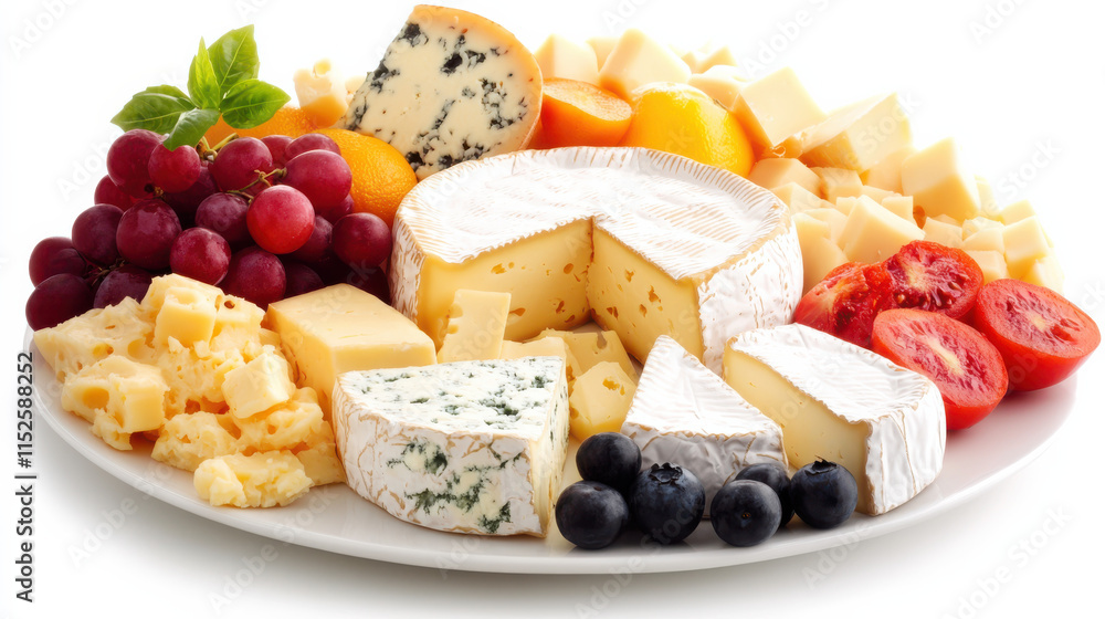 A gourmet display of assorted cheeses and fruits on a sleek matte plate, visually contrasting creamy yellows and vibrant reds, pure white background to emphasize focus, artistically arranged for food A gourmet display of assorted cheeses and fruits on a sleek matte plate, visually contrasting creamy yellows and vibrant reds, pure white background to emphasize focus, artistically arranged for food
