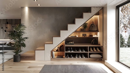 A minimalist hallway with hidden shoe storage under the stairs, utilizing the space efficiently while maintaining a clean, organized look.