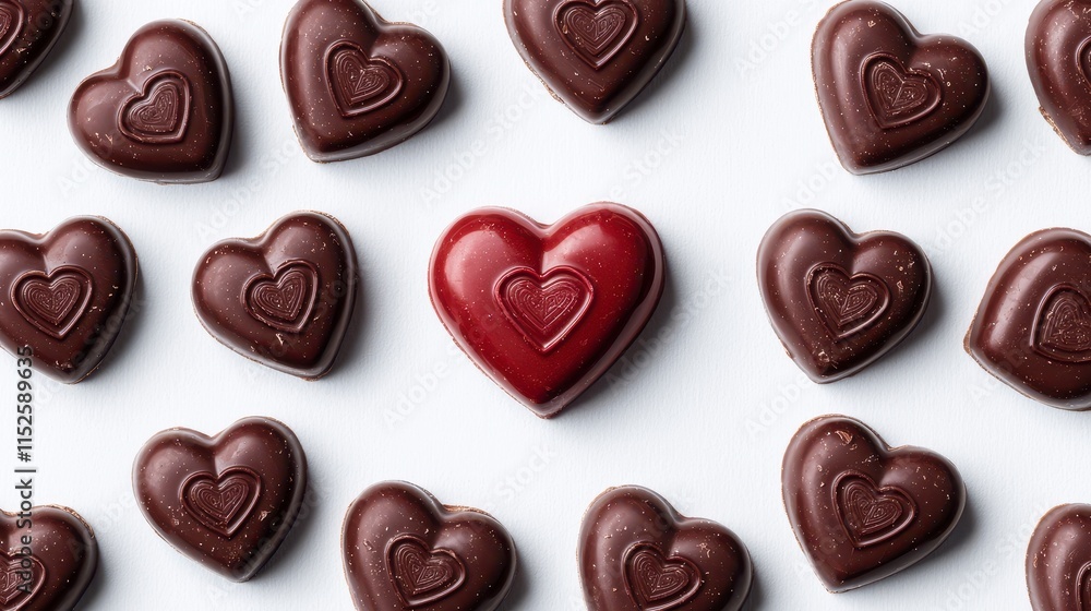 Red heart-shaped chocolate stands out among dark chocolates on white background. Red heart-shaped chocolate stands out among dark chocolates on white background.