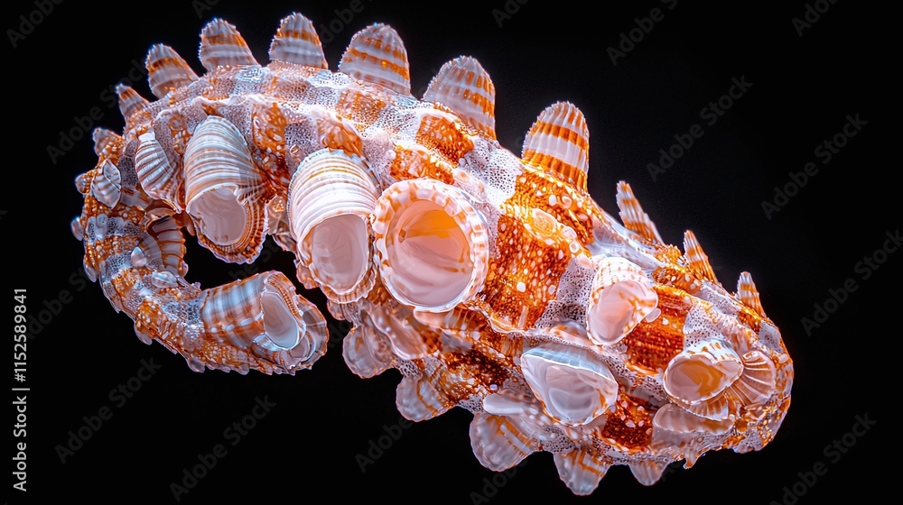 Close-up of a unique, intricately detailed seashell with orange and white patterns against a black background. Close-up of a unique, intricately detailed seashell with orange and white patterns against a black background.