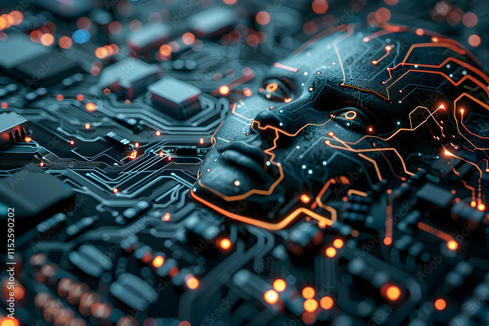 Fototapeta premium A digital artwork depicting the head of a humanoid robot, intricately designed with glowing circuits and wires, representing artificial intelligence and the fusion of technology with humanity