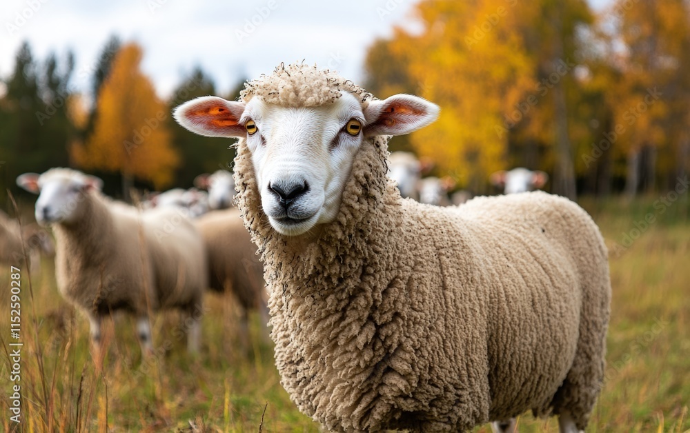 A curious sheep stares intently, its fleece thick and warm against the backdrop of autumnal trees. A peaceful scene in a rural field. A curious sheep stares intently, its fleece thick and warm against the backdrop of autumnal trees. A peaceful scene in a rural field.