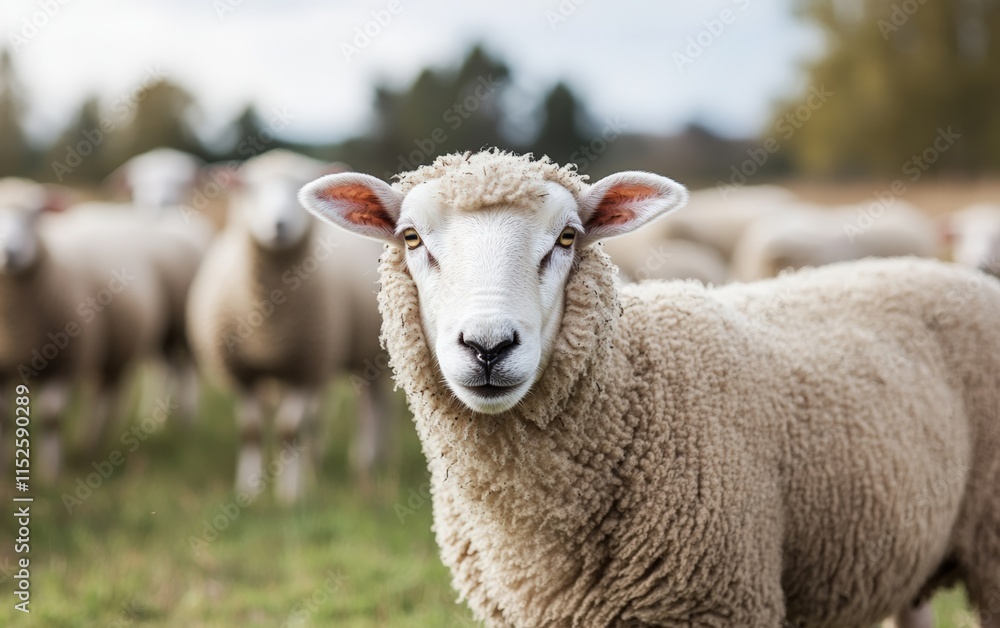 A curious sheep stares directly at the camera, its fleece thick and creamy, surrounded by its flock in a tranquil pasture. A peaceful scene. A curious sheep stares directly at the camera, its fleece thick and creamy, surrounded by its flock in a tranquil pasture. A peaceful scene.