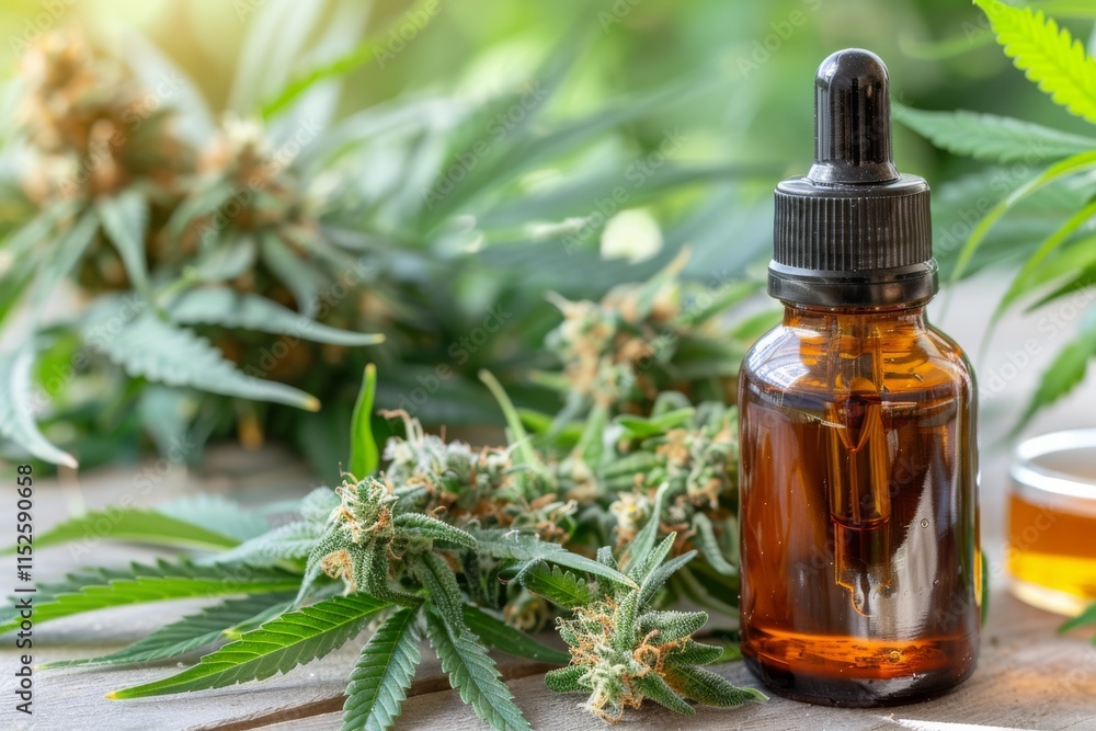 Fototapeta premium CBD Oil Dropper Bottle with Cannabis Leaves and Buds