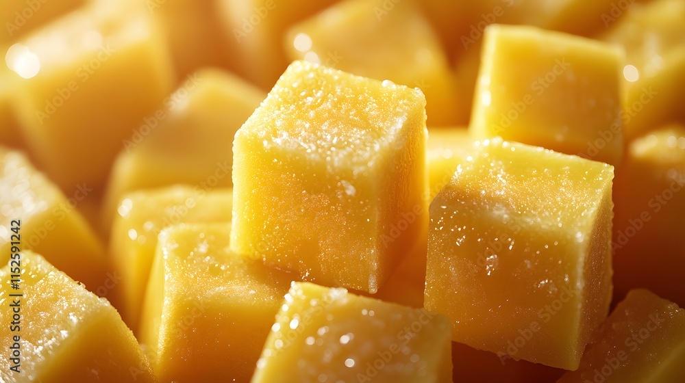 Fresh mango cubes arranged uniformly. Close-up food photography with bright natural lighting. Vibrant yellow, juicy tropical fruit chunks with glossy surface and textural detail. Commercial style. Fresh mango cubes arranged uniformly. Close-up food photography with bright natural lighting. Vibrant yellow, juicy tropical fruit chunks with glossy surface and textural detail. Commercial style.