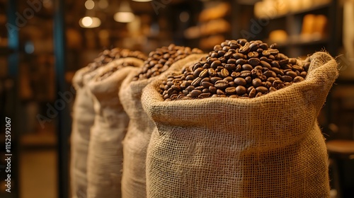 Fresh roasted coffee beans in burlap sacks. Rustic coffee shop atmosphere with warm lighting. Vintage bokeh background showcasing artisanal coffee beans. Moody dark tones in commercial photography.