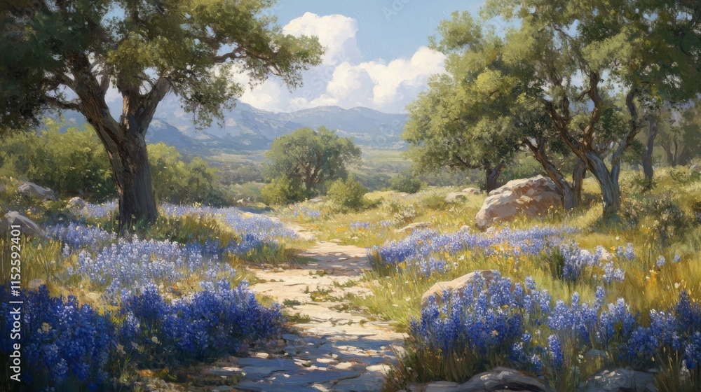 Naklejka premium Sunny Path Through Texas Bluebonnet Fields
