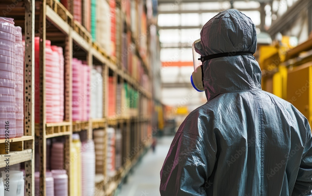 A lone worker in protective gear surveys rows of colorful industrial materials. Safety first in this vibrant warehouse setting. A lone worker in protective gear surveys rows of colorful industrial materials. Safety first in this vibrant warehouse setting.