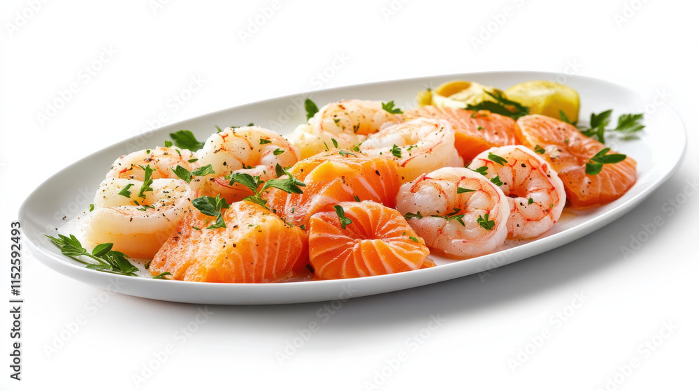 A perfectly arranged platter of vibrant seafood, including slices of bright orange salmon, delicate pink shrimp, and gleaming white scallops, all garnished with green herbs, on a clean white backgroun A perfectly arranged platter of vibrant seafood, including slices of bright orange salmon, delicate pink shrimp, and gleaming white scallops, all garnished with green herbs, on a clean white backgroun
