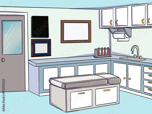 An interior design of a medical doctor's office. Empty physician cabinet in a hospital. Healthcare practitioner's workplace with furniture and work equipment. Cartoon illustration. white and blue photo