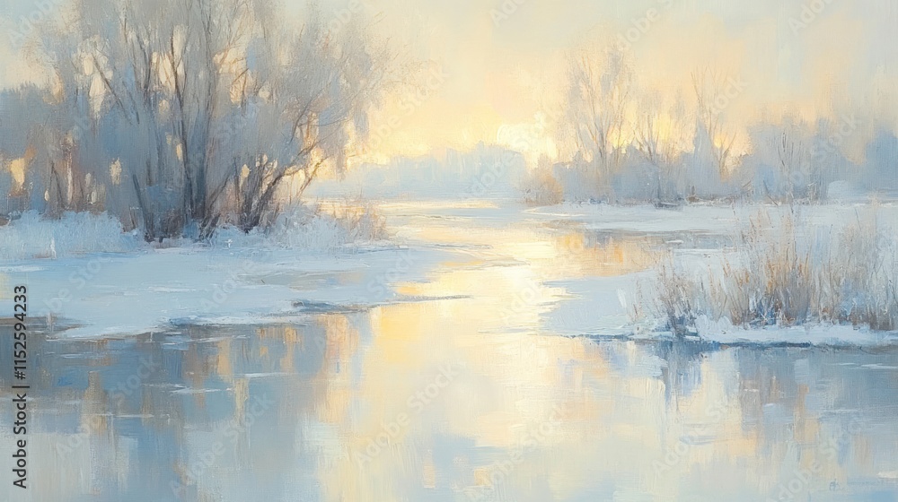 Winter sunrise over a frozen river, tranquil landscape with frosted trees, soft pastel colors. Winter sunrise over a frozen river, tranquil landscape with frosted trees, soft pastel colors.