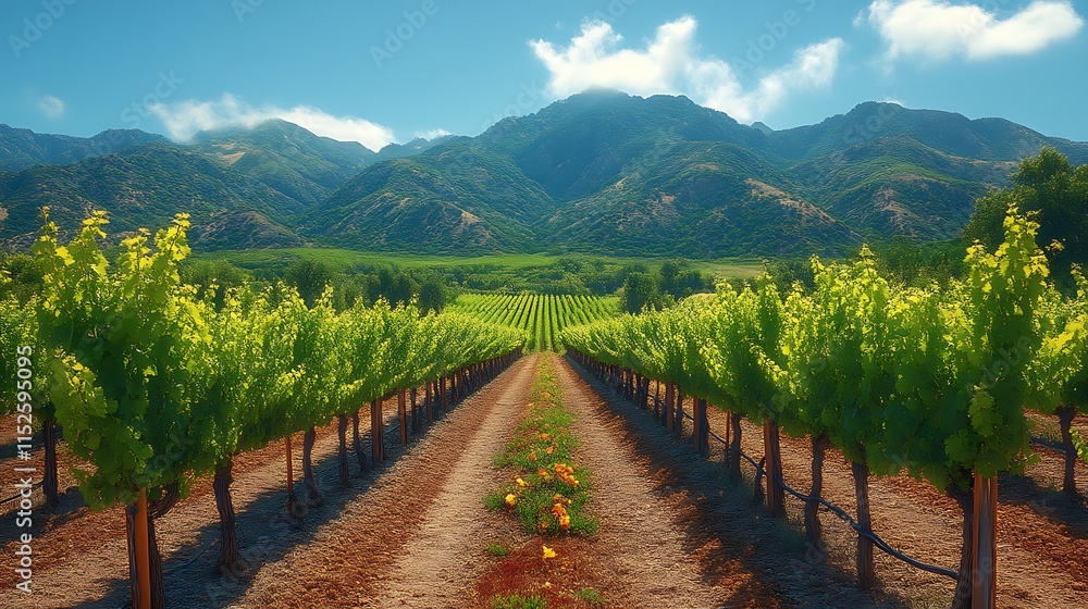 Fototapeta premium Vineyard Rows Extending Towards Majestic Mountains