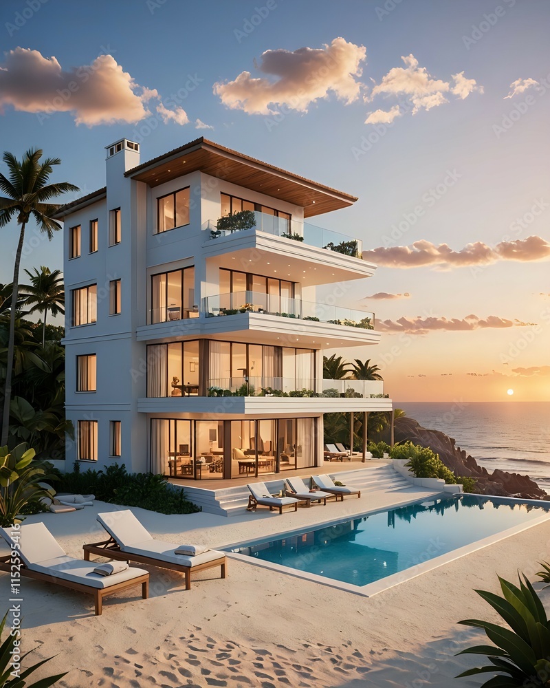 Fototapeta premium Luxury villa on the beach with sunset view, cartoon 