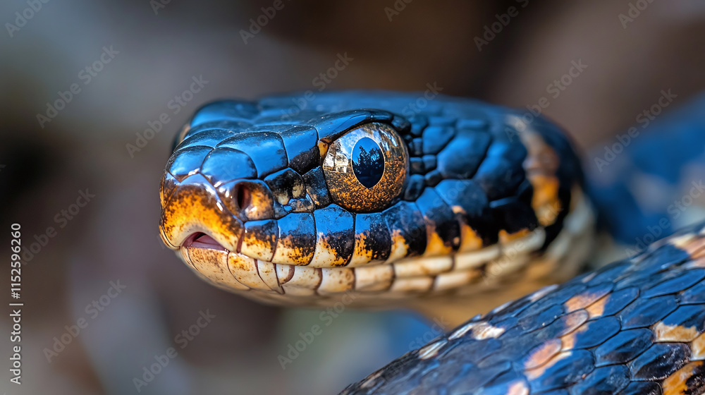 Obraz premium Closeup of blue snake. exotic reptile animal in wildlife nature, serpent eye and face, dangerous tropical species, forest, skin texture, crawling.