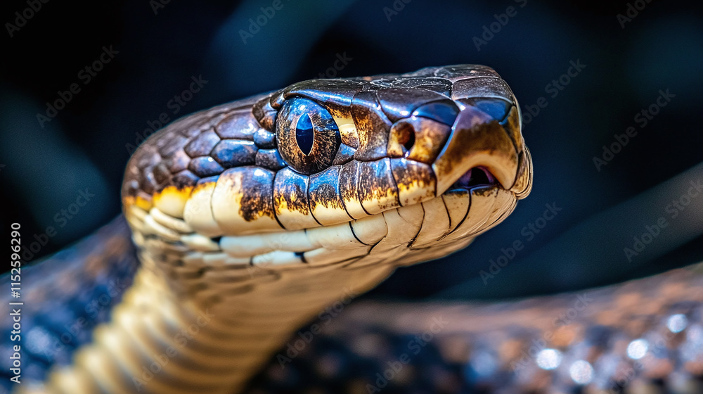 Closeup of blue snake. exotic reptile animal in wildlife nature, serpent eye and face, dangerous tropical species, forest, skin texture, crawling. Closeup of blue snake. exotic reptile animal in wildlife nature, serpent eye and face, dangerous tropical species, forest, skin texture, crawling.