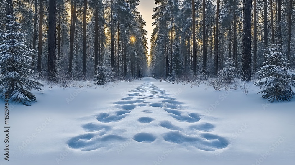 Fototapeta premium Winter Footprints Leading Through A Snowy Forest Path