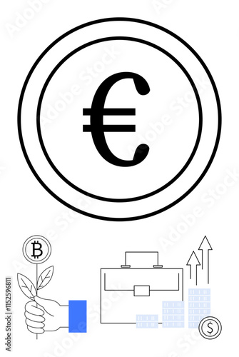 Large Euro symbol in a circle, hand holding leaf with Bitcoin, briefcase, bar chart with arrows. Ideal for finance, banking, investment, cryptocurrency, business growth economic development