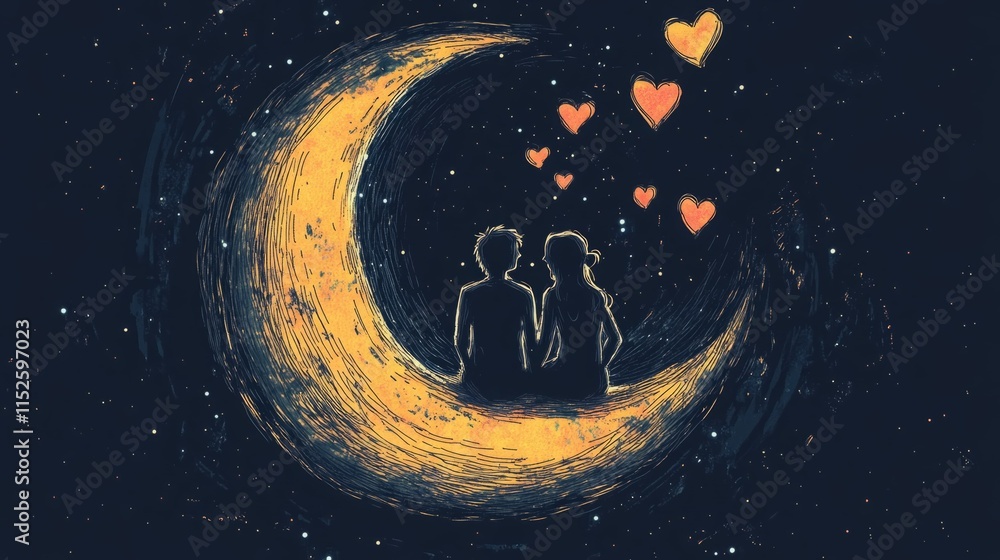 Fototapeta premium Romantic couple silhouette on a crescent moon, surrounded by stars and hearts.