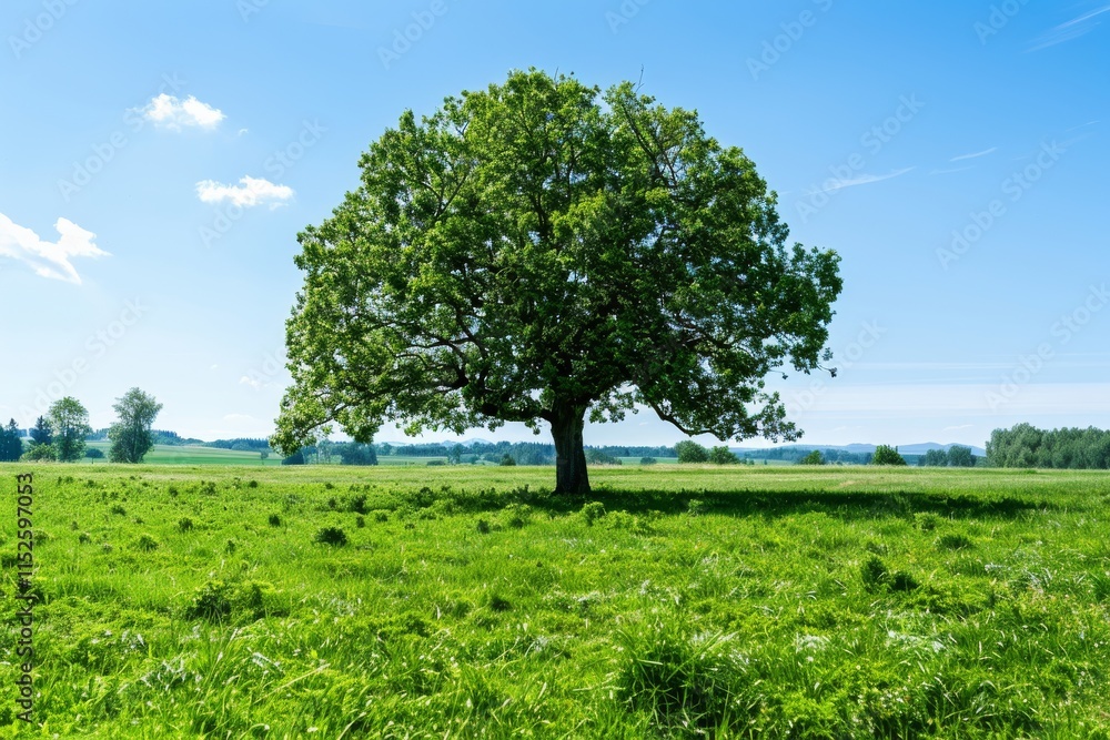 Majestic Tree in Green Field Under Blue Sky on a Sunny Day Majestic Tree in Green Field Under Blue Sky on a Sunny Day