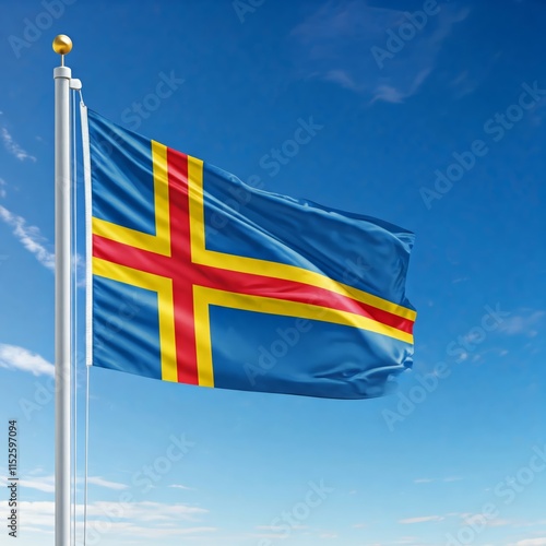 national flag of aland island waving against blue sky, official flag of the nation, blowing in the wind photo