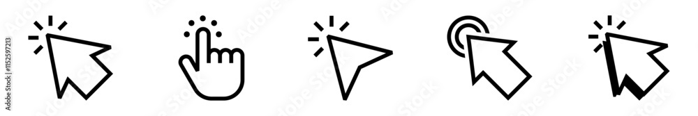 Set of selection and cursors icons. Arrows and clicks in different styles Set of selection and cursors icons. Arrows and clicks in different styles