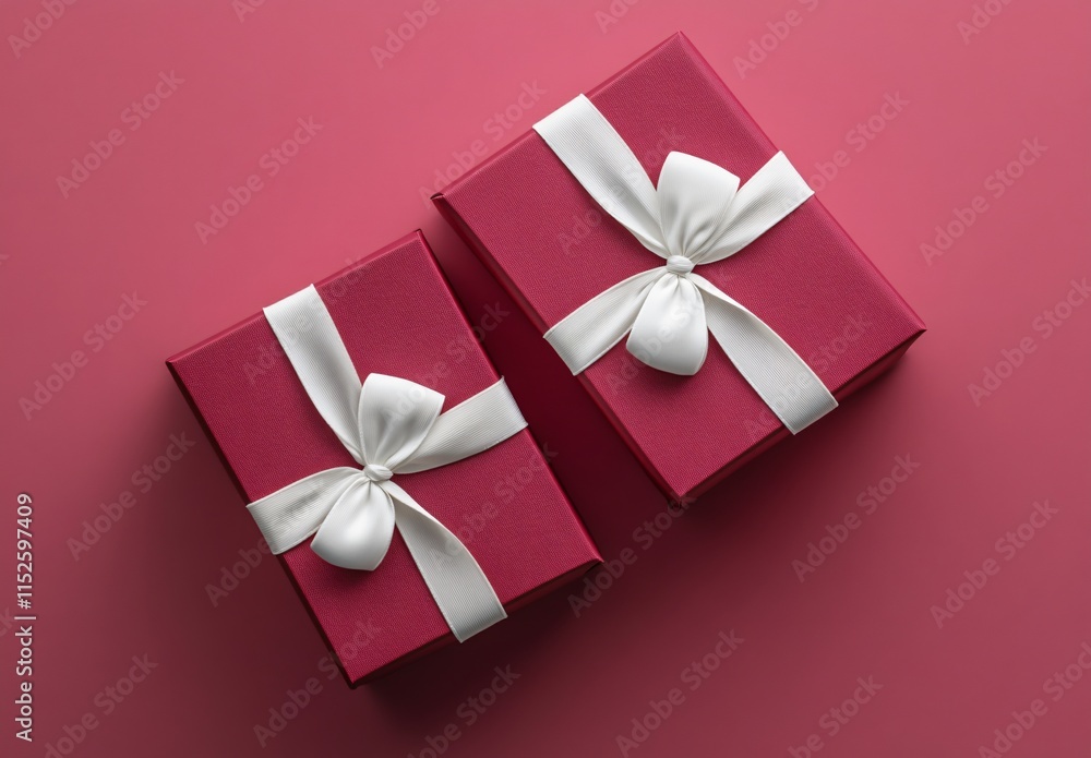 Two Red Gift Boxes with White Ribbons Top View Two Red Gift Boxes with White Ribbons Top View