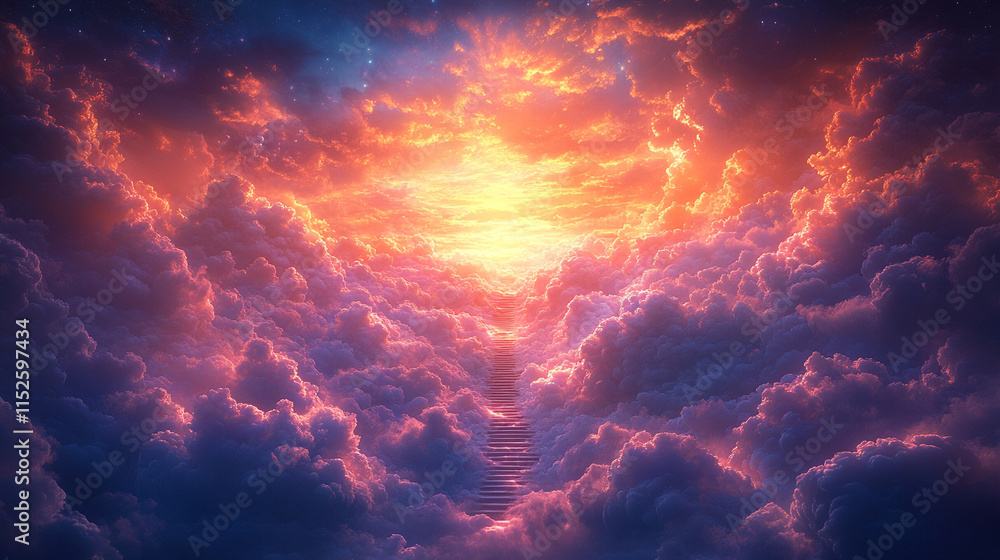 A serene and minimalist stairway leads upward, toward a heavenly sky illuminated by light, symbolizing hope, enlightenment, and transcendence in a hyperrealistic scene
A serene and minimalist stairway leads upward, toward a heavenly sky illuminated by light, symbolizing hope, enlightenment, and transcendence in a hyperrealistic scene