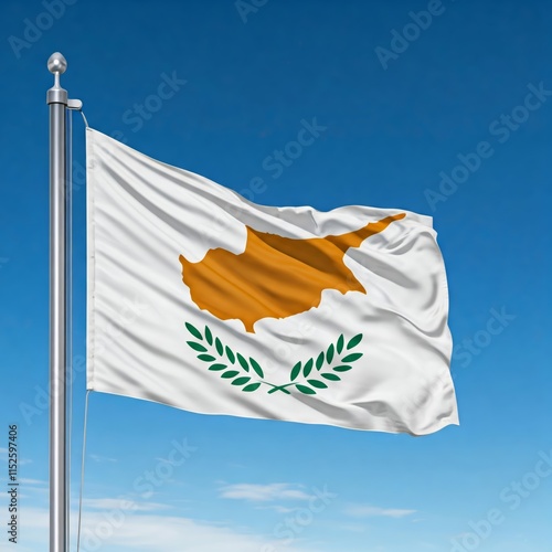 national flag of cipro, waving against blue sky, official flag of the nation, blowing in the wind photo