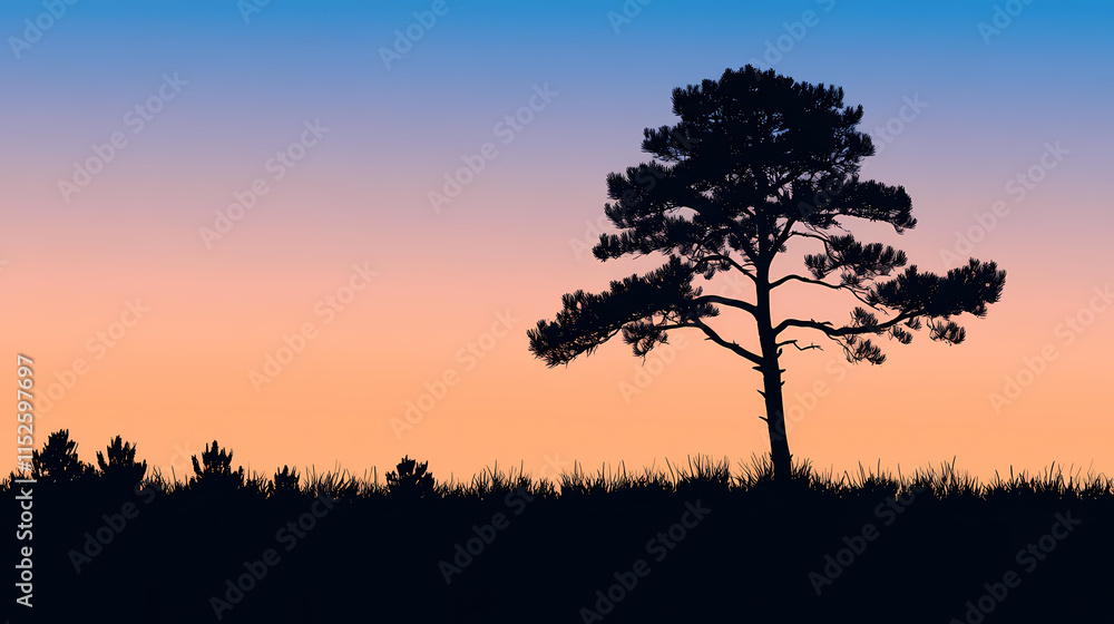 Silhouette illustration of a single pine tree and the bordering pine forest. Treeline. Illustration Silhouette illustration of a single pine tree and the bordering pine forest. Treeline. Illustration