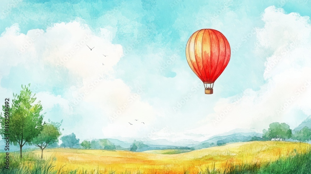 Fototapeta premium Red hot air balloon floats serenely over a picturesque watercolor landscape.