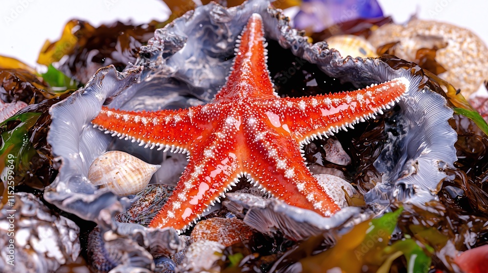 Red starfish in a seashell nestled amongst seaweed and other shells. Red starfish in a seashell nestled amongst seaweed and other shells.