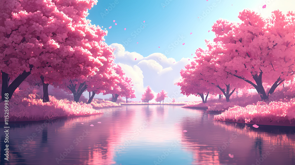 Pink blossoming cherry trees line a tranquil waterway, creating a picturesque springtime scene that evokes feelings of serenity, renewal, and natural beauty under clear skies. Treeline. Illustration Pink blossoming cherry trees line a tranquil waterway, creating a picturesque springtime scene that evokes feelings of serenity, renewal, and natural beauty under clear skies. Treeline. Illustration