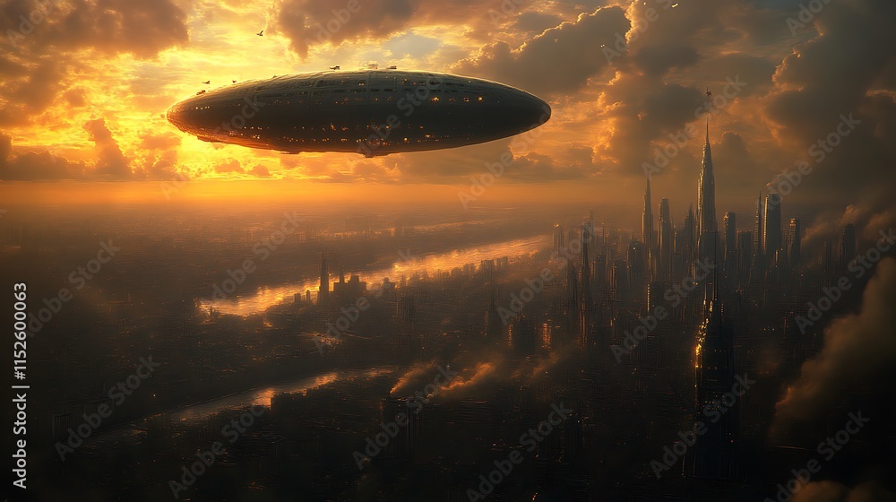 Fototapeta premium Spaceship hovering above futuristic city at sunset