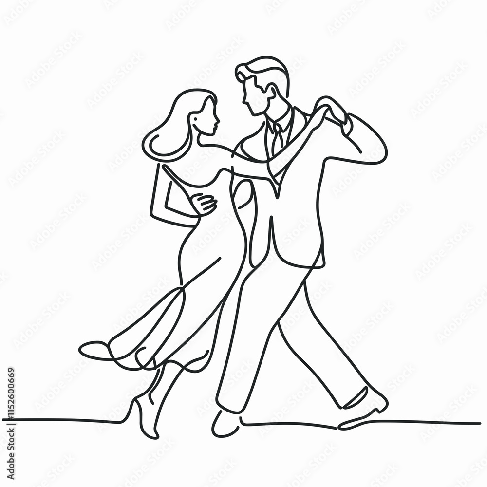 Fototapeta premium Elegant line art of a dancing couple in motion, minimalist and graceful design capturing the essence of ballroom or romantic dance, perfect for artistic or event-themed illustrations.