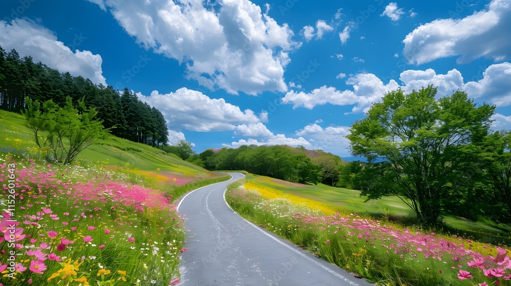 Scenic Winding Road Surrounded by Vibrant Wildflowers and Trees Scenic Winding Road Surrounded by Vibrant Wildflowers and Trees