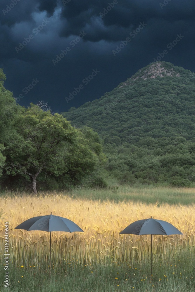 Dramatic Stormy Sky Over Wheat Field with Umbrellas Dramatic Stormy Sky Over Wheat Field with Umbrellas