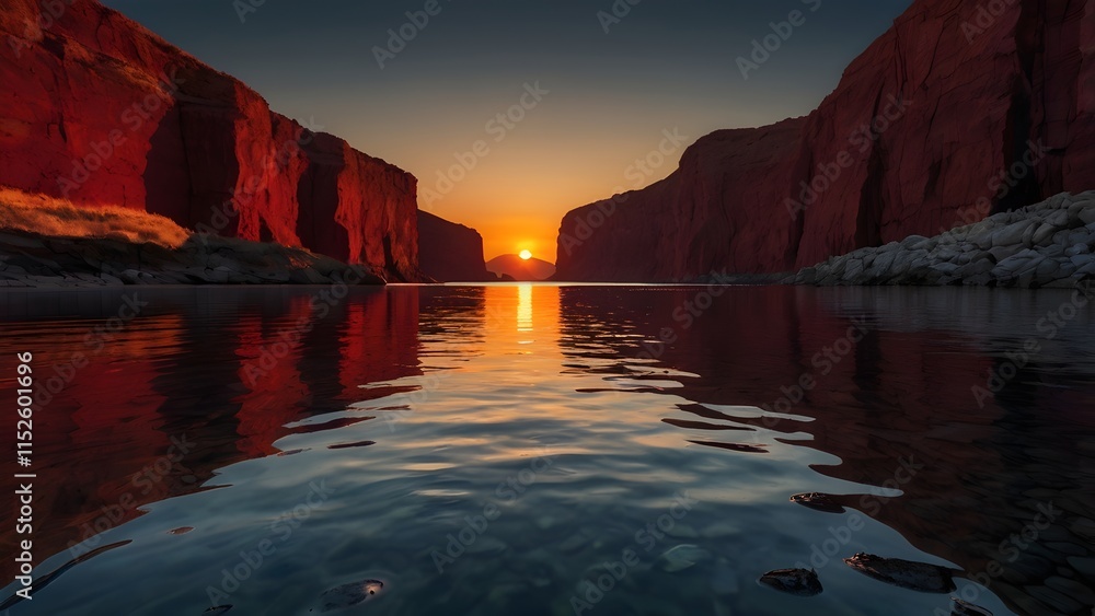 Obraz premium deep red sun setting between jagged dark cliffs, its glowing light reflecting vividly on calm water, 
