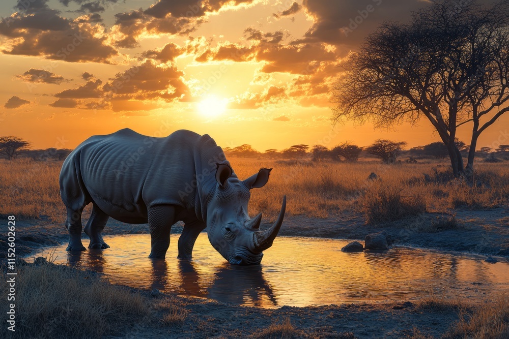 Fototapeta premium White Rhinoceros Drinking at Sunset in African Savanna