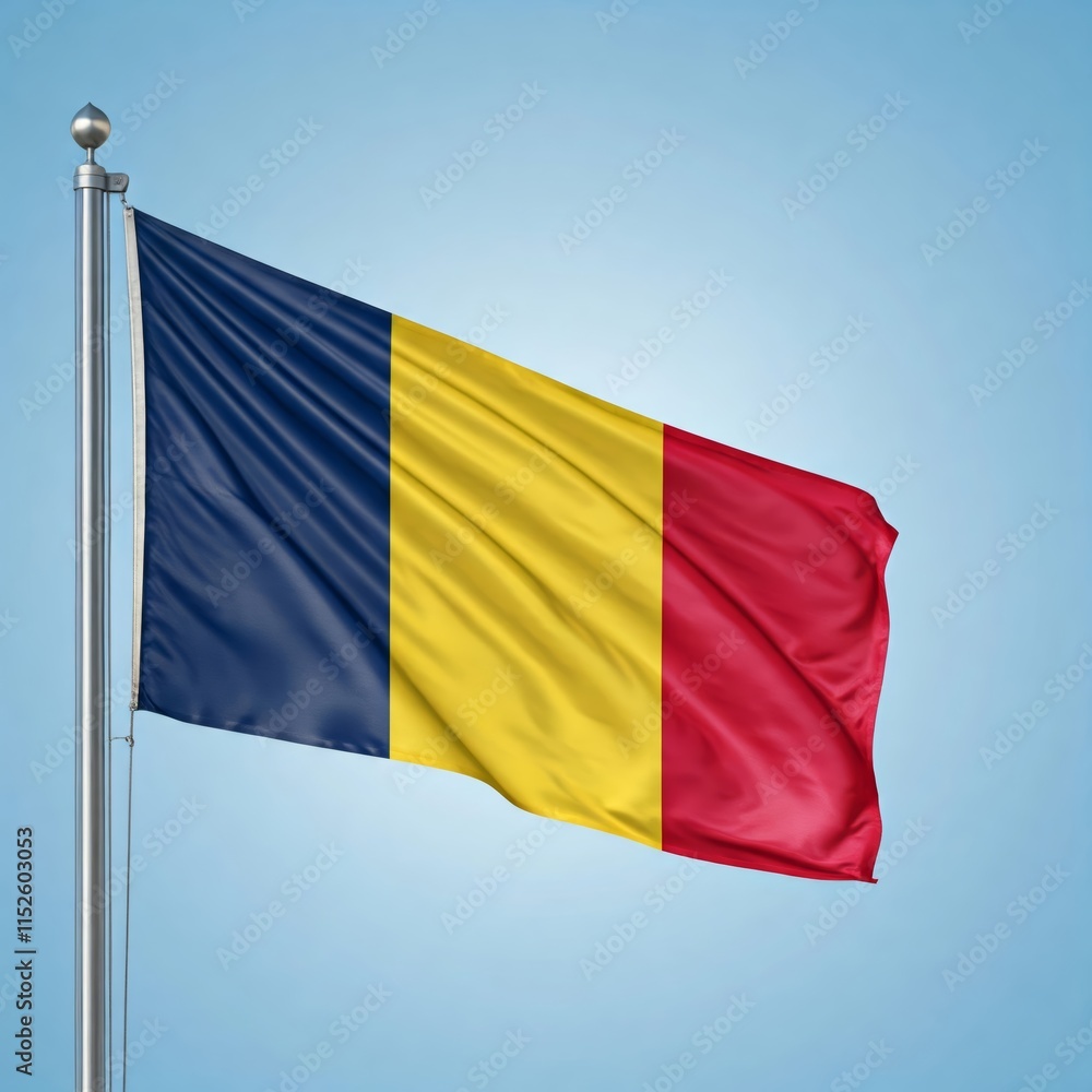 national flag of romania, waving against blue sky, official flags of the nation, blowing in the wind national flag of romania, waving against blue sky, official flags of the nation, blowing in the wind