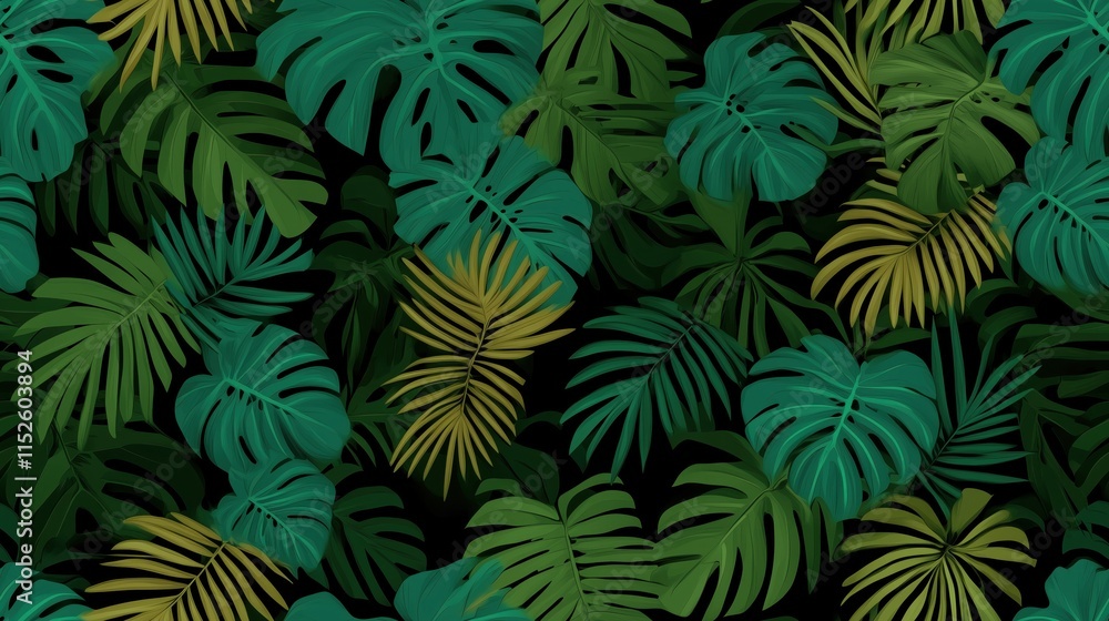 Fototapeta premium Pattern of vibrant tropical monstera and palm leaves