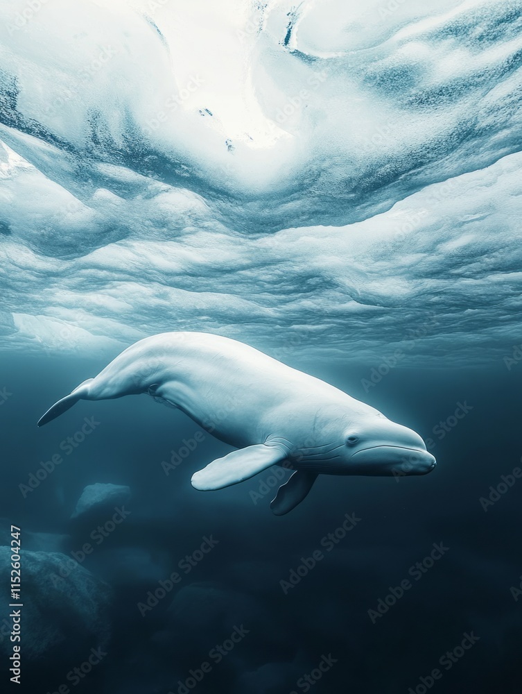 Fototapeta premium White Whale Swimming Beneath Arctic Ice
