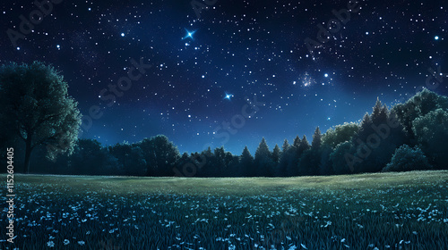 A rolling meadow with a dense treeline in the distance and stars shining brightly above. Treeline. Illustration photo