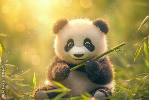 Adorable Baby Panda Enjoying Bamboo in Sunlight