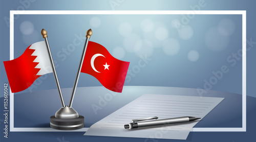 Bahrain and Turkey National flags on small table with bokeh background, cooperative relationship