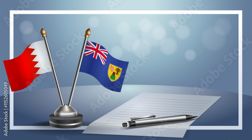 Bahrain and Turk and Caicos National flags on small table with bokeh background, cooperative relationship