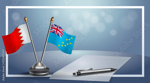 Bahrain and Tuvalu National flags on small table with bokeh background, cooperative relationship